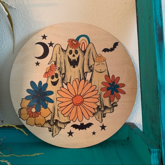 Halloween Boho Ghost Wall Decor 12" Thin Round Birch Handmade Sublimated… - Picture 6 of 6